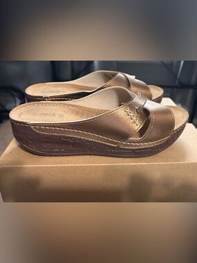 Wedge Slide Sandals in Metallic Bronze